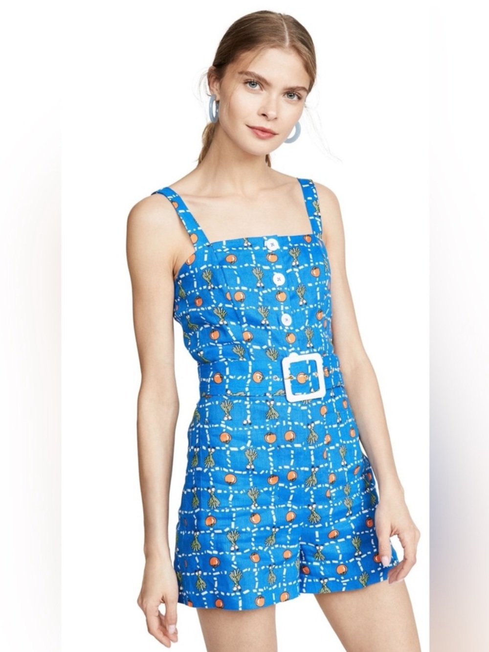 Staud Pomelo print blue veggie linen playsuit/romper